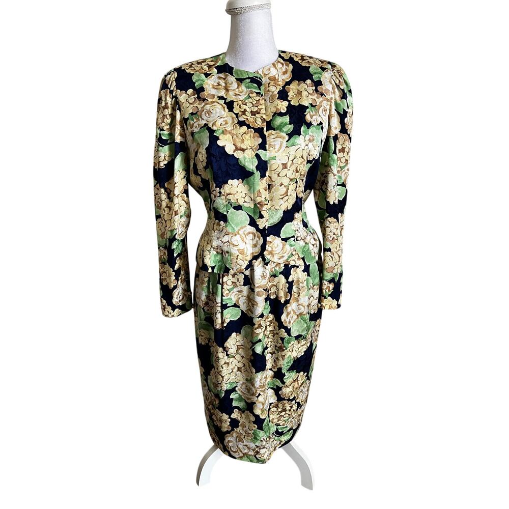 Vtg Talbots by Adrianna Pappel Silk Floral Suit Set Top and Skirt size 4